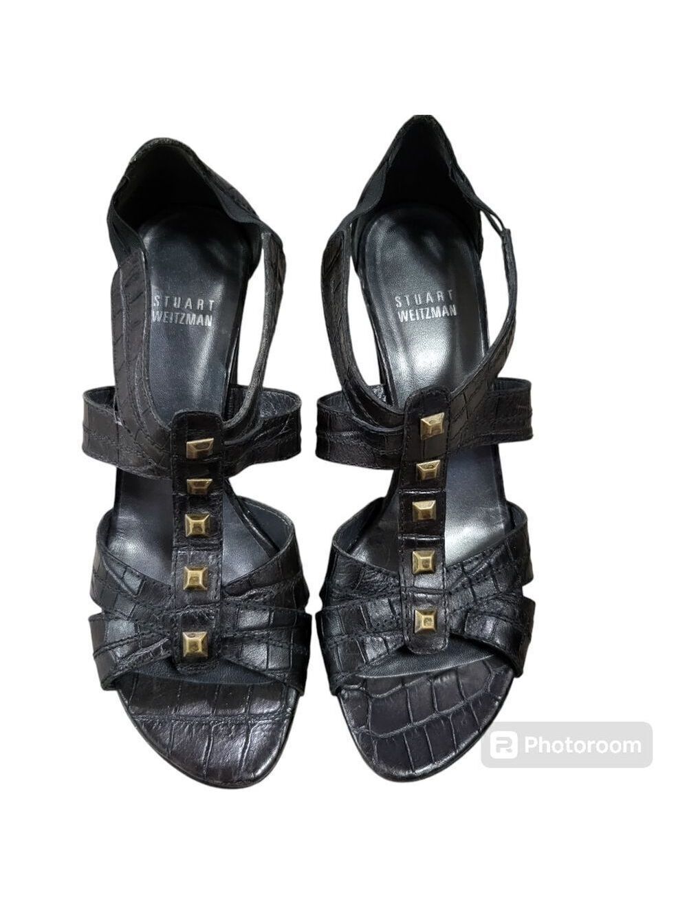 STUART WEITZMAN BLACK SNAKE PRINT STUDDED LEATHER SANDALS HEELS sz 8.5 - Picture 1 of 8
